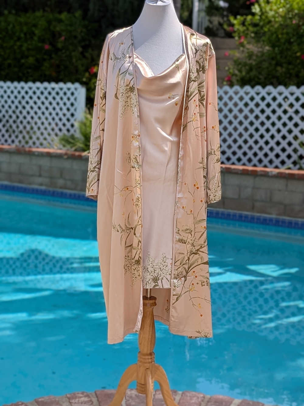 Blush Pink Satin Slip and Floral Robe Set